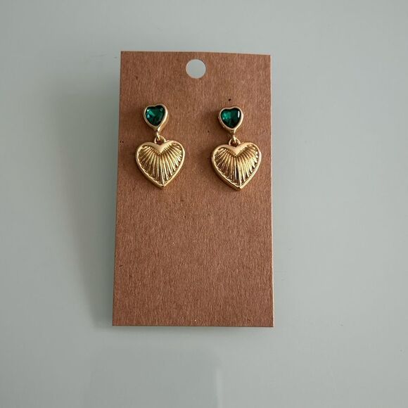 Gold Heart Earrings with Green Gemstone A1454 - Picture 3 of 3